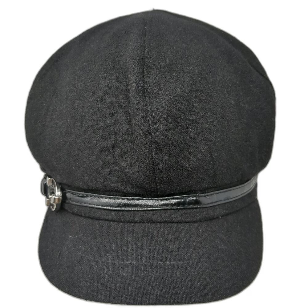 Nine West Army Cap Black One Size Wool Blend Buckle Strap Fashion Flat Top Hat